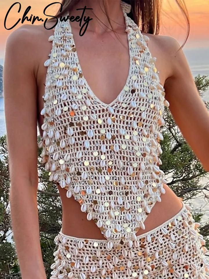 Sexy Hollow Out Sequined Knitted Skirts Sets Women Halter Sleeveless Top Mini A-line Skirt 2025 Summer Lady Beach Suit 250616