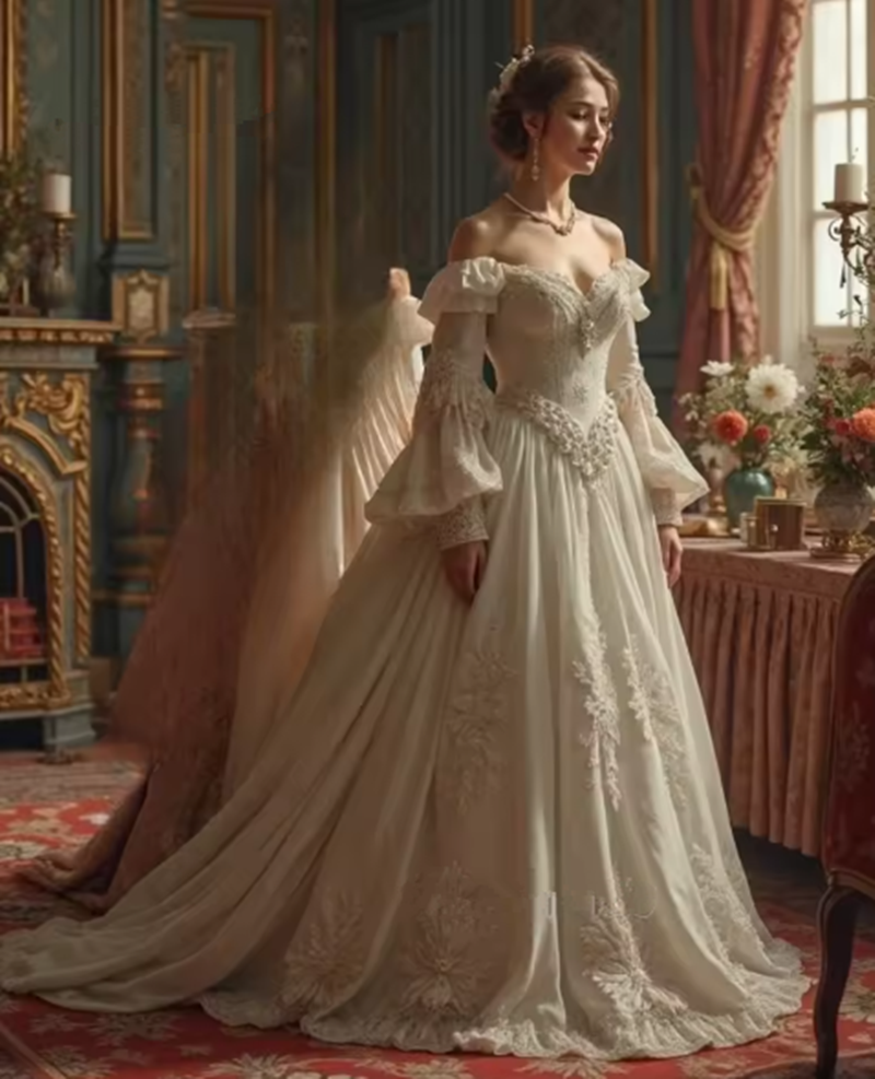 Vintage Victorian Wedding Dress Off Shoulder Long Sleeves Princess Bridal Gown Lace Appliques Corset Medieval Dress Customized