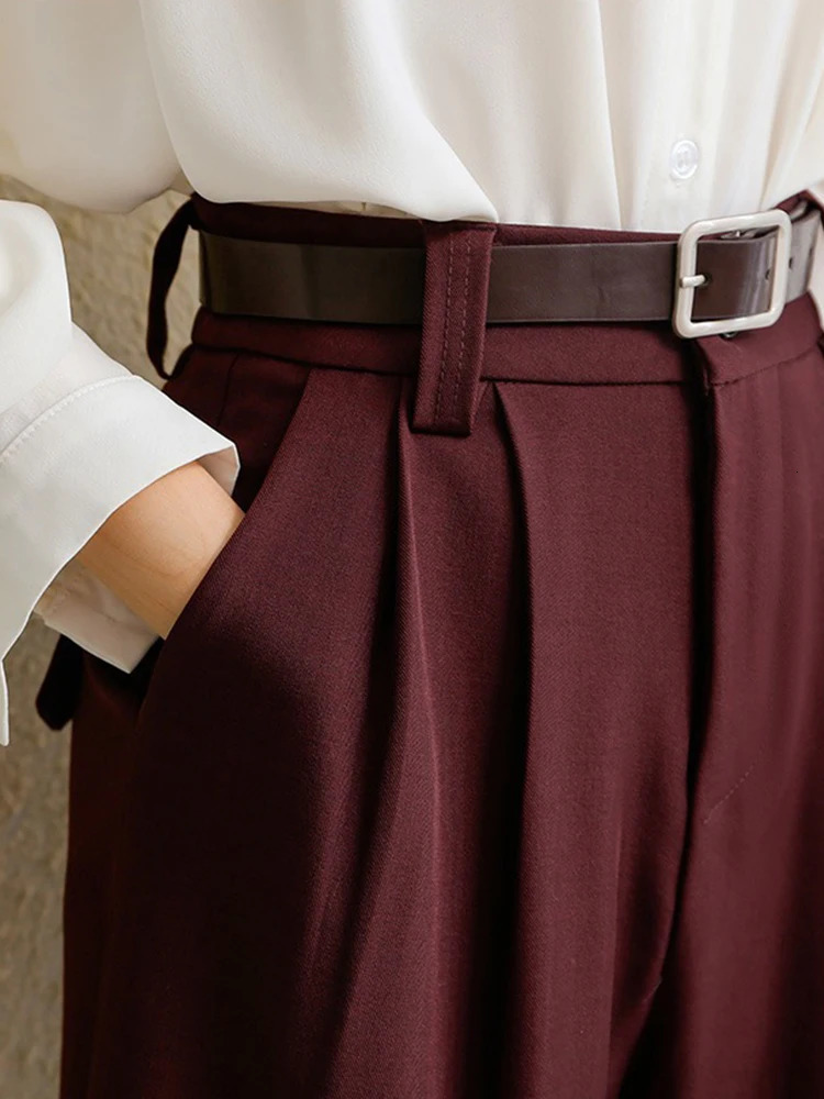 Spring 2025 Burgundy Suits Pants for Women Office Lady Elegant High Waist Wide Leg Fashion Trousers with Pockets Black Gray 250616