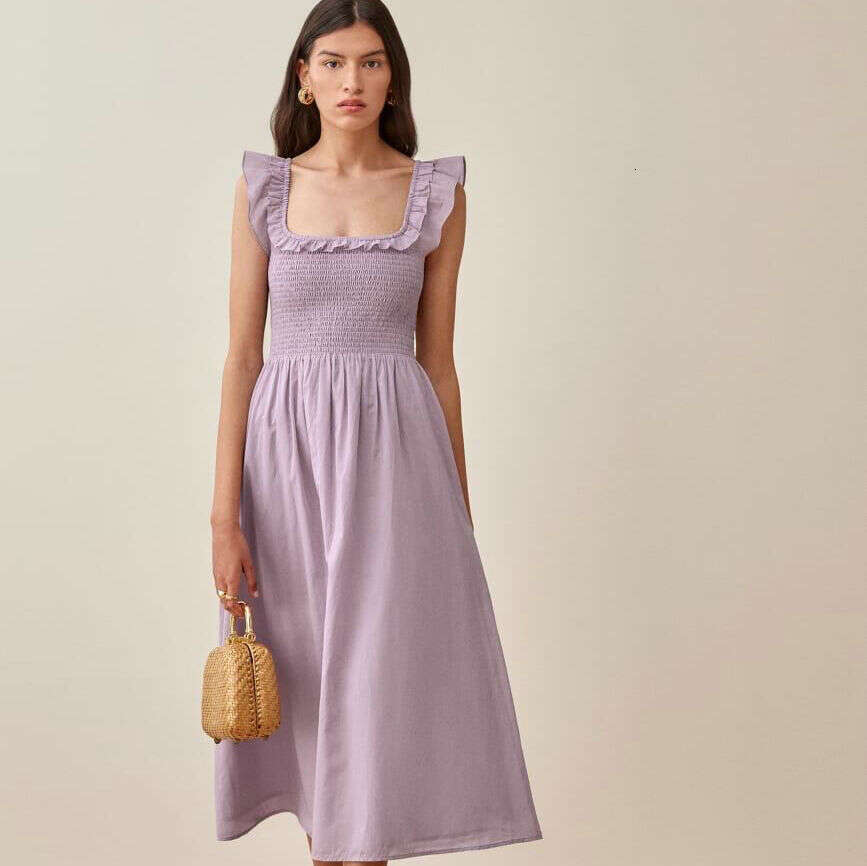 Fulllace Women Dress Vestidos Elegantes N669 Summer 2025 Taro Purple Square Neck Stretch Slim Fit Pure Cotton Small Flutter Sleeve Mid-length Dress