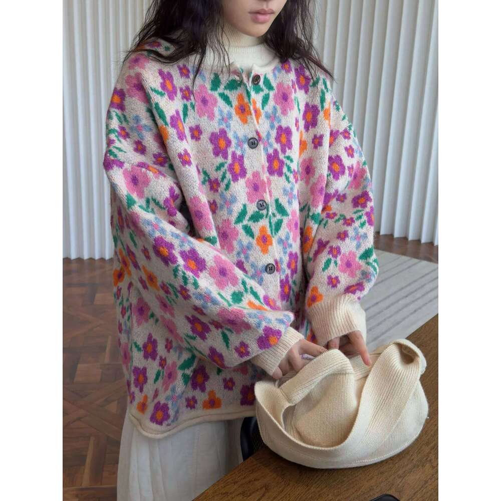 Autumn and winter women's casual floral round neck long sleeved loose cardigan sweater