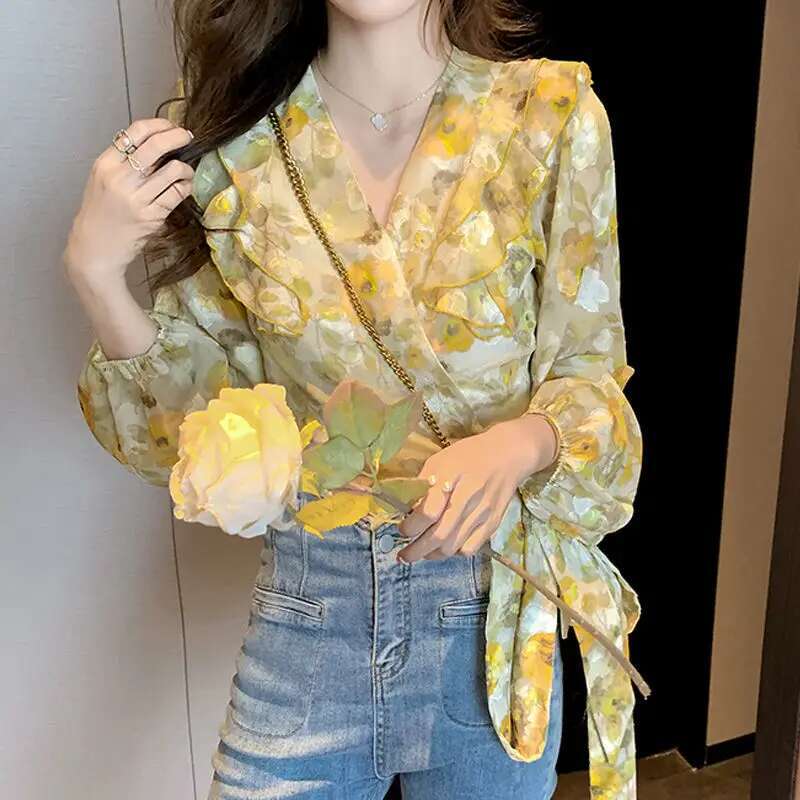Top For Woman Chiffon Clothing Floral With Bow Womens Shirts And Blouses Long Sleeve Ruffle Frill Offer Stylish M Xxl Y2k