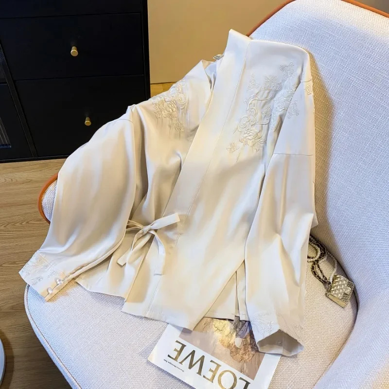 Satin Chinese Style Shirt for Women Embroidery Vintage Blouses Silk Clothing Loose V-Neck Tops Spring and Summer 250614