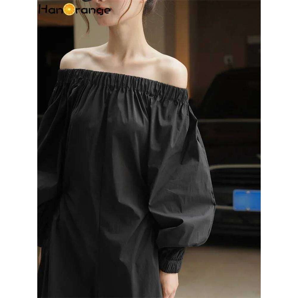 HanOrange 2024 Early Autumn Puff Sleeve Boat Neck High Waist Umbrella Dress Black/Gray Green