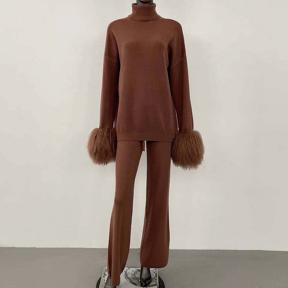 DEBAIFUR 2025 Spring Autumn Cardigan Real Mongolia Sheep Fur Sweater Women Knitted Long Pant Sets High Collar Knitwear Female