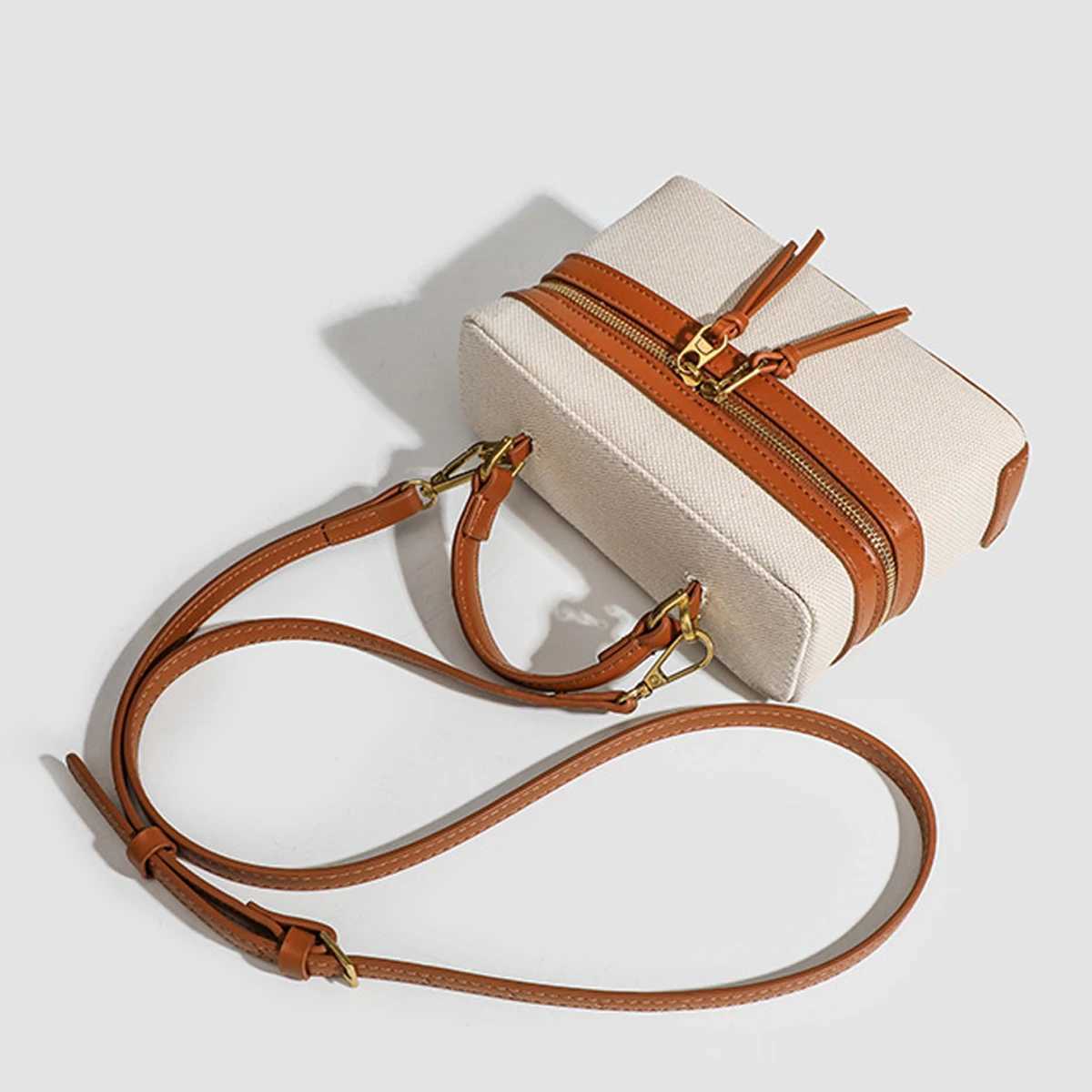 Womens Canvas Spliced Lunch Box Commuter Portable Shoulder Crossbody Small Square Bag Adjustable Shoulder Strap Z250617