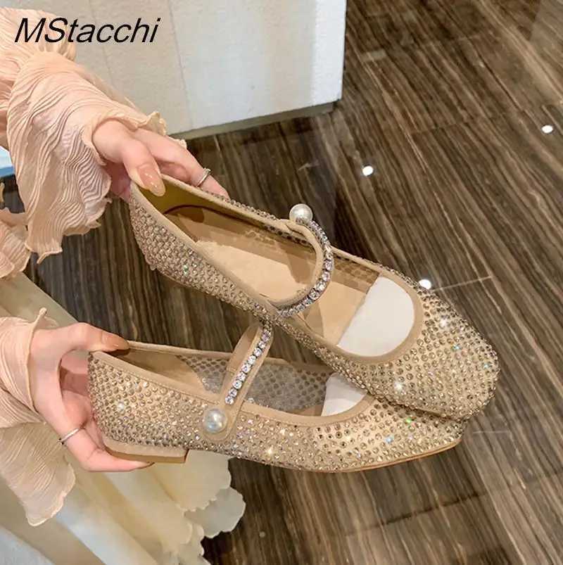 Mesh Crystal Pearl Flat Shoes Woman Square Toe Office Lady Shoes Big Size Mary Janes Shoes 2025 New Spring Single Shoes Z250617
