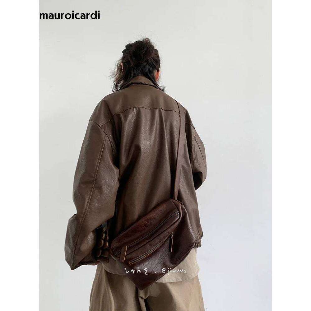 Mauroicardi Autumn Winter Vintage Oversized Cool Brown Black Soft Pu Leather Jacket Men Pockets Loose Casual Unisex Clothes 2023