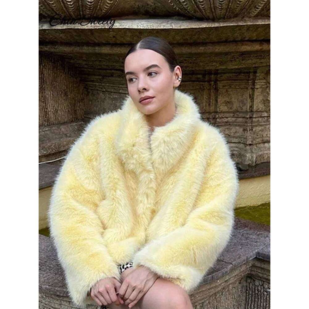Fashion Faux Fur Jacket Coat Women Warm Fluffy Loose Long Sleeve Lapel Female Overcoat 2024 Winter Yellow Lady Street Outwear