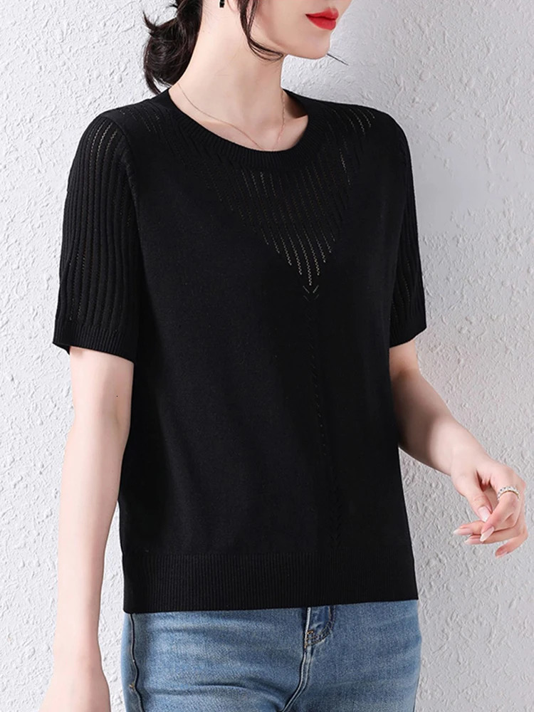 Summer Hollow-out Women Knit Tees Shirt O-neck Cotton Pullover Tops Short-sleeved T-shirt Knitted Jumpers Base Sweater 250614