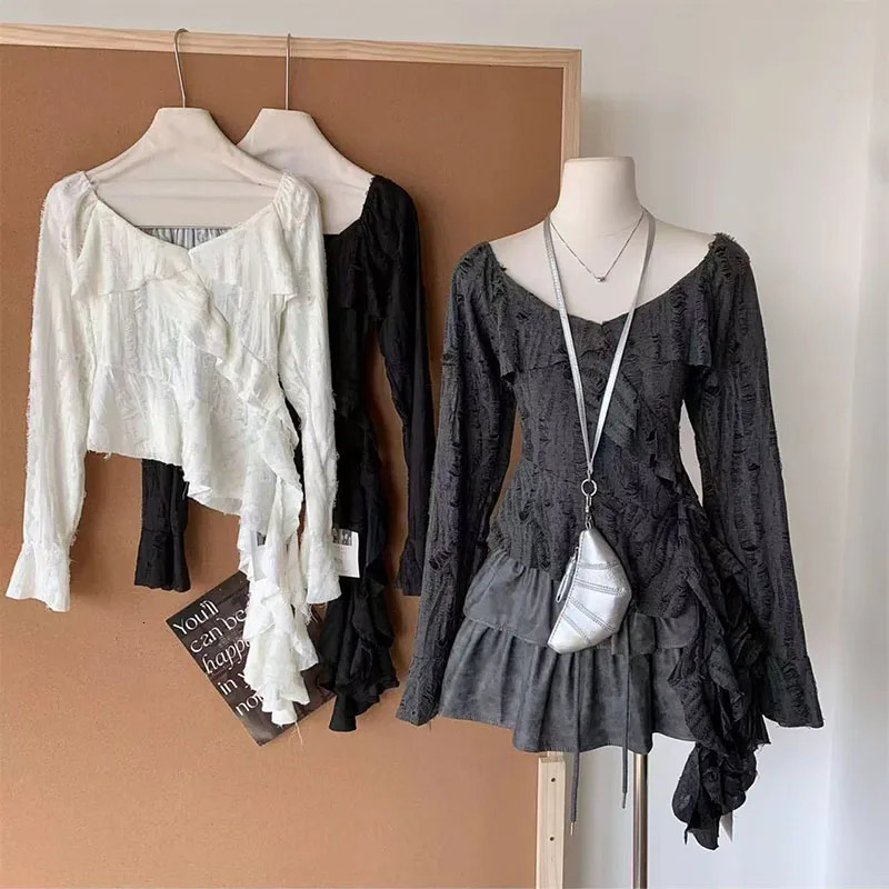 Irregular Patchwork Women T Shirts Y2K Fashion Gothic Ruffled Sleeve Female Tops Streetwear Sexy Hollow Out Hole Casual Tees 250614