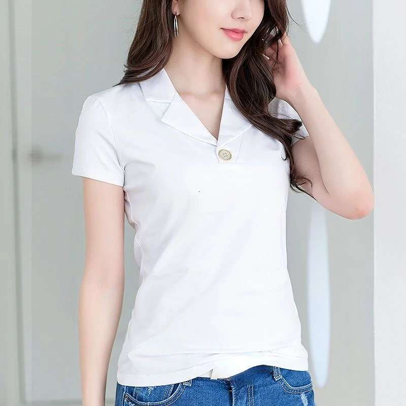 T-shirt Woman Button Tops Short Sleeve Tee Clothing Plain Polo Neck Shirts for Women Trend Luxury Polyester High Quality Sale V
