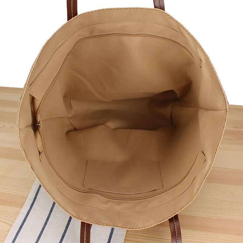 Meet You Large Capacity Zipper Leather Splice Straw Designer Summer Women's Travel Vacation Beach Bag Bohemian Bali
