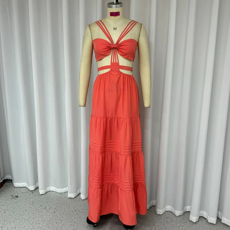 Wefads Women Long Dresses Summer Fashion Sexy Solid Strap Sleeveless Backless Lace Up Hollow Out Pleated Beach Party Dress 250616