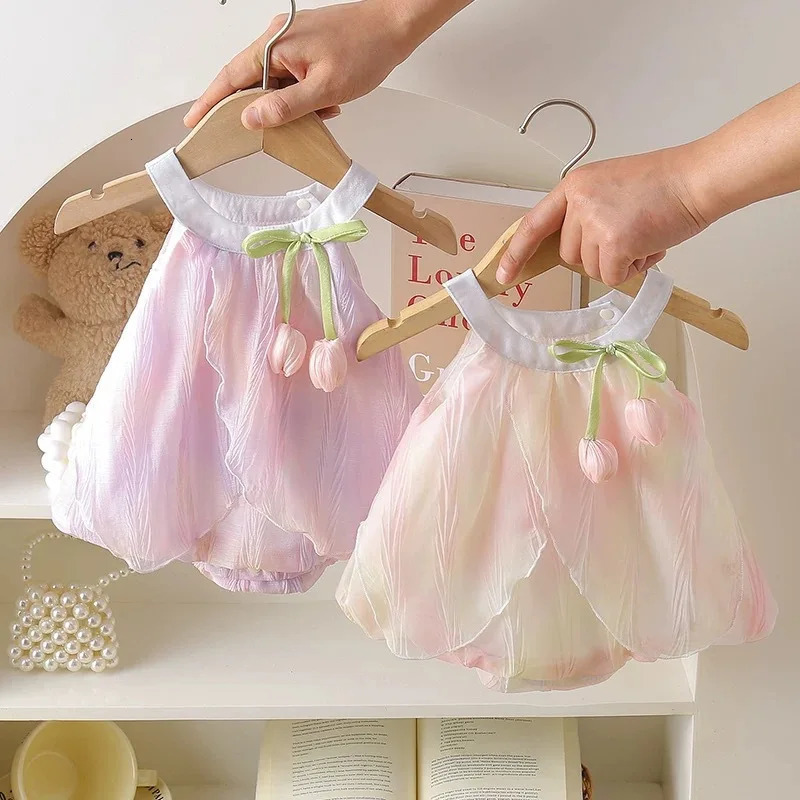 Adorable Baby Girls Tulip Decor Inspired Iridescent Halter Sling Princess Romper Dress Soft and Soft for 0 - 2 Y girls dress 250617