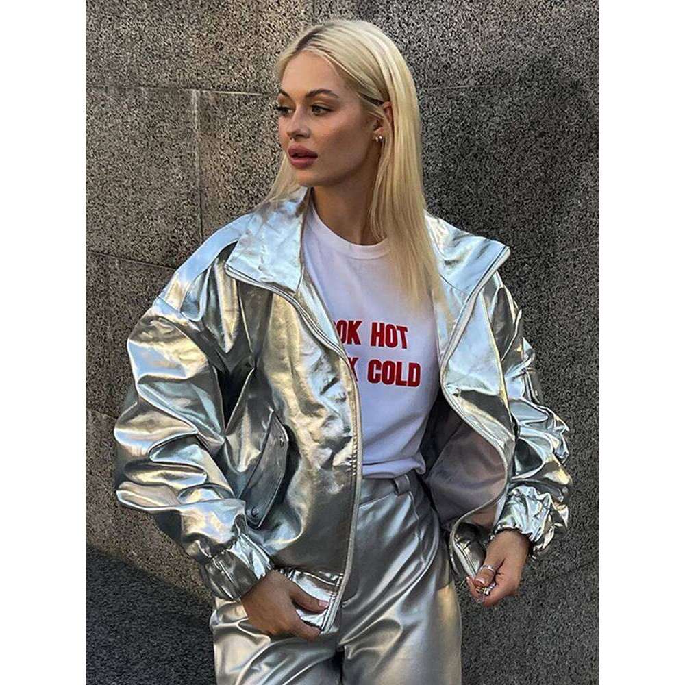Glossy Jackets Women Casual Loose Lapel Zipper Fashion Coats Female 2024 Autumn Winter Long Sleeves Solid Street Outwears Lady