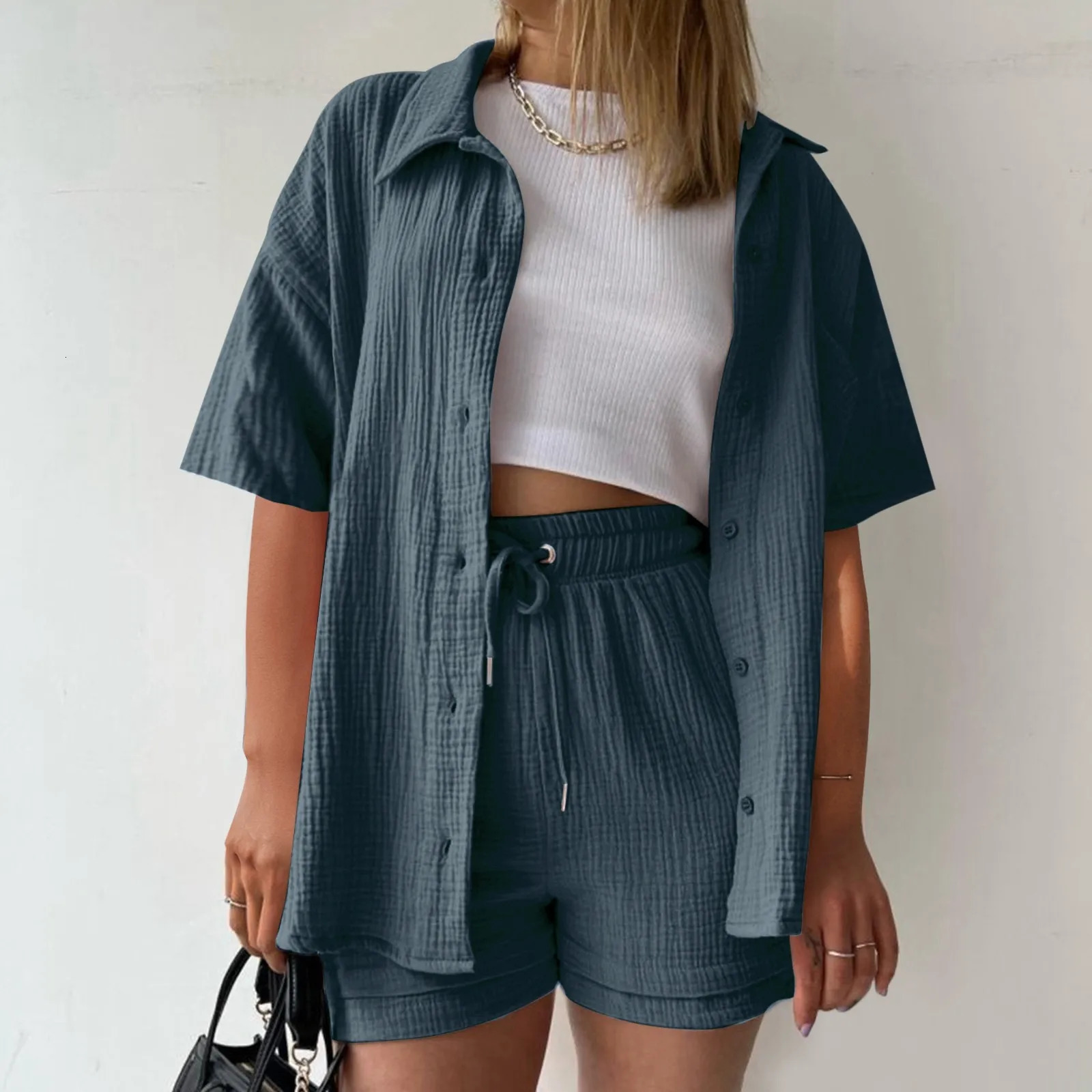 Y2k Comfy Women 2 Piece Outfit Lace Trim Womens Solid Color Short Sleeve Shirt Casual Shorts 2 Women Casual Joggers Sets 250616