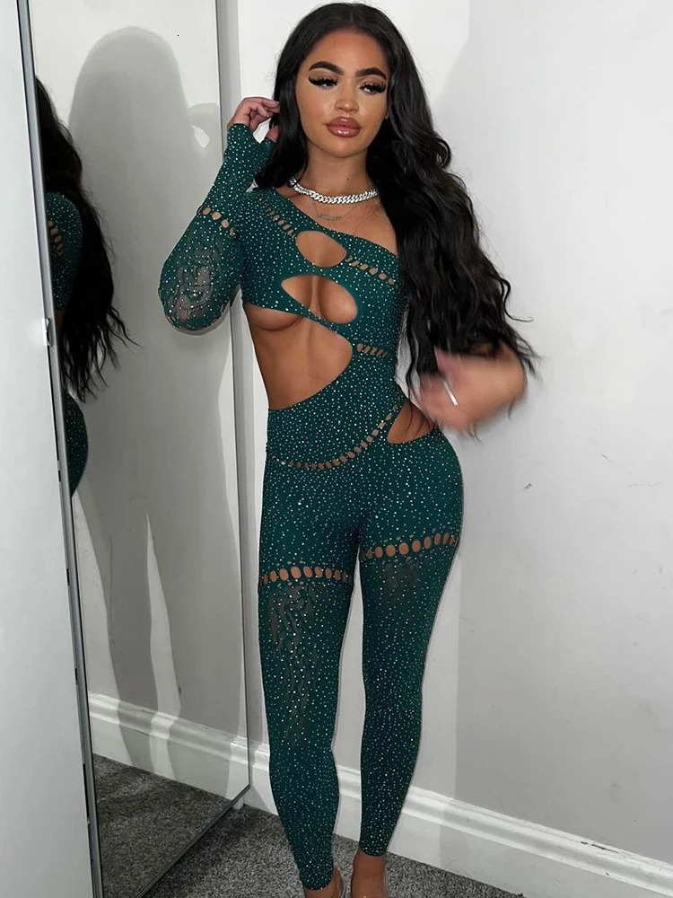 Sibybo Sexy Single Rotator Cuff Hollow Out High Elastic Jumpsuit Luminous Rhinestones Solid Color Trousers Spicy Girl Streetwear 250616