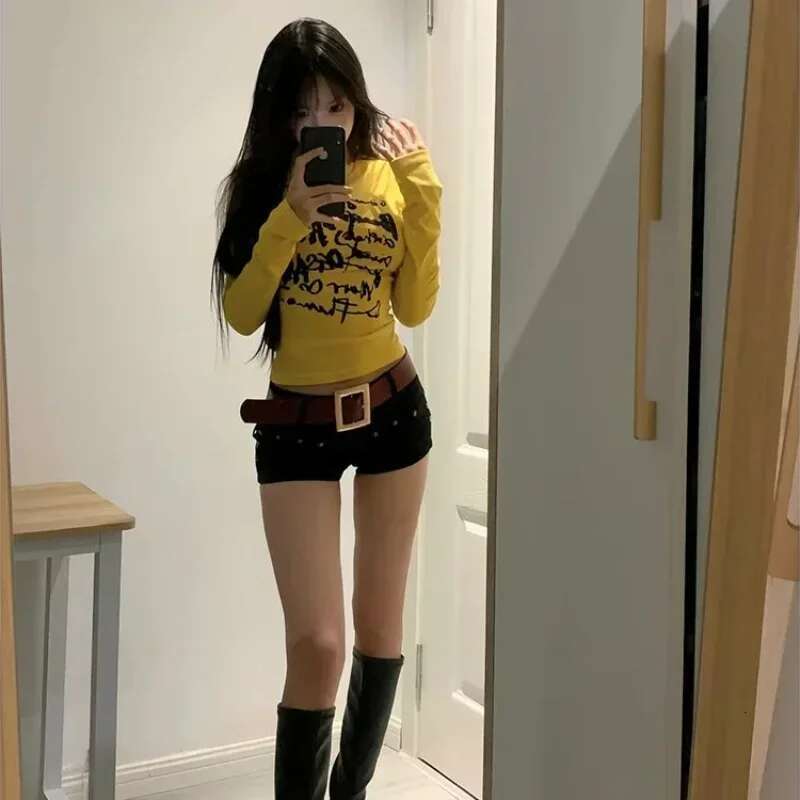Yellow Top Female Korean Clothing With Sleeves Womens Long Sleeve T-shirt Pulovers Youthful Clothes Harajuku Fashion Popular
