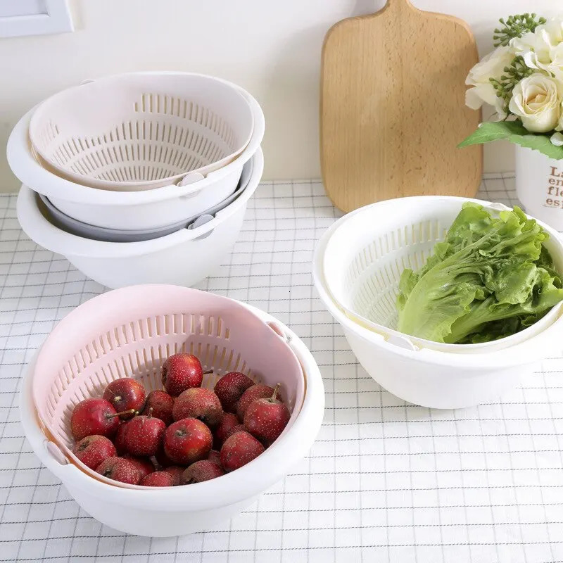 Kitchen Fruit Tray Removable Double Layer Fruit And Vegetable Basin Draining Basket Creative Household Rotating Washing Basket 250614