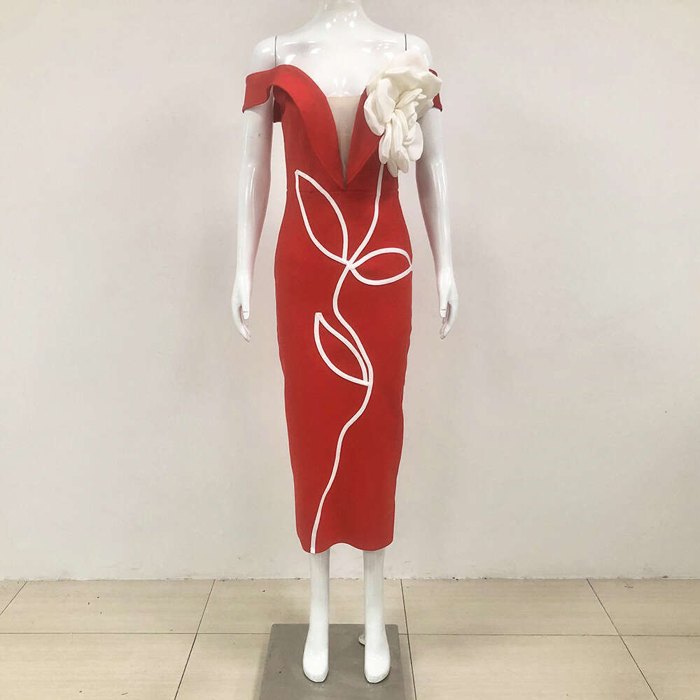Autumn New Fashion Slimming Floral Strapless Dress Sexy Long Bandage Gown for Women