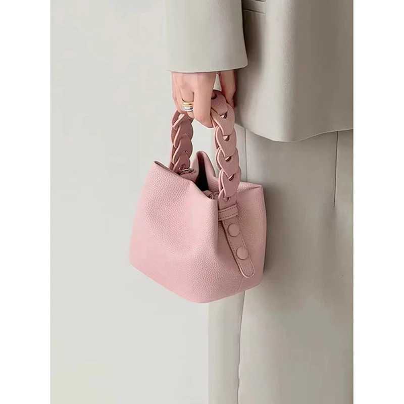High Quality Soft Lychee Leather Bucket Bag Womens Summer Solid Color Woven Handbag 2025 New Fashion Simple Style Crossbody Bag Z250617
