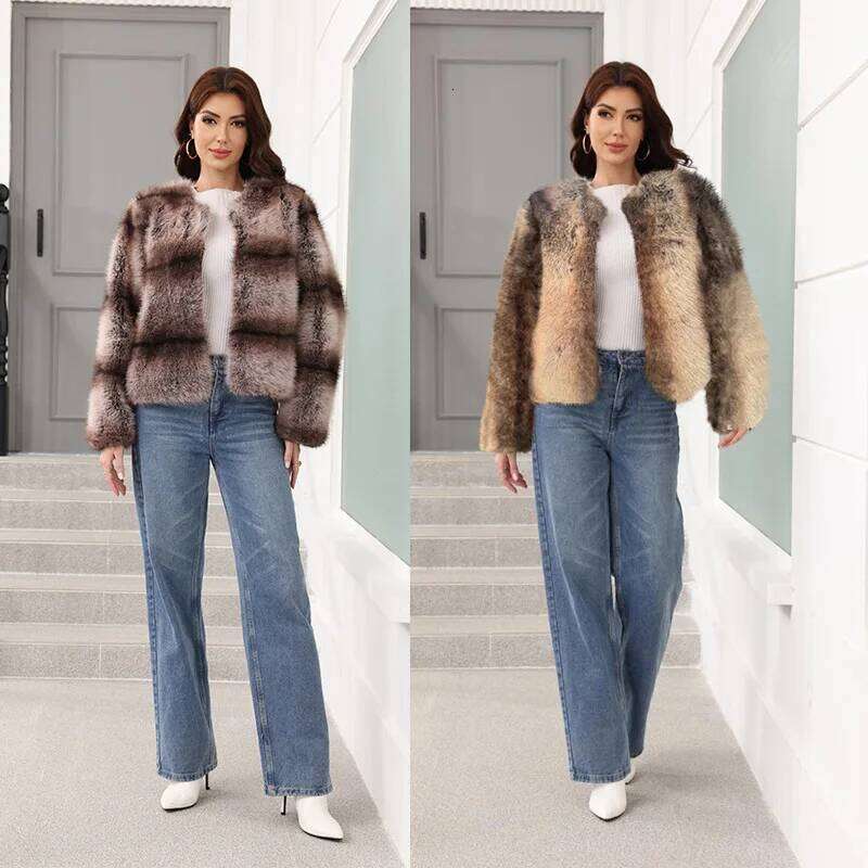 2025 New Autumn Winter Coat Women's Wide and Vertical Stripes Fox Round Neck Short Imitation Fur Jack