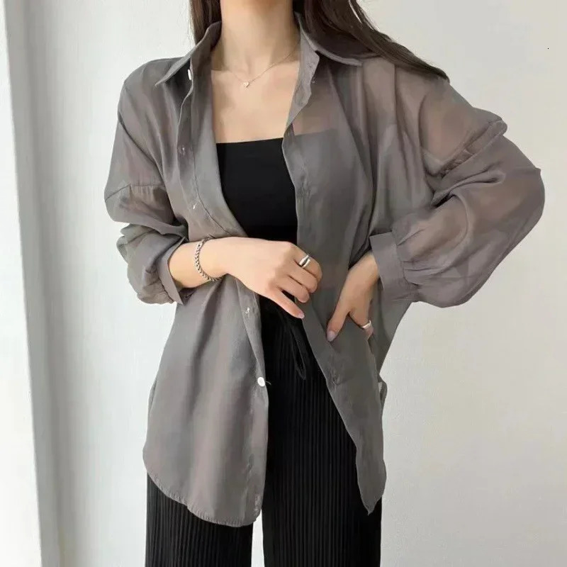 8 Colors Shirts Women Sheer Thin Chic Summer Simple Solid Sun-proof Temper Fashion Baggy All-match Basic Korean Style Clothes 250616