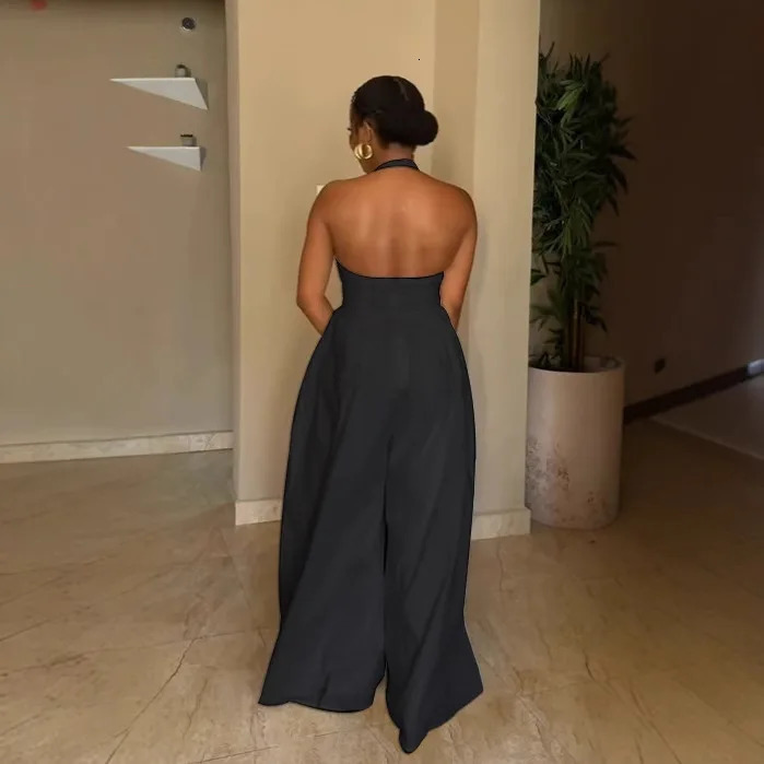 Three Sisters Summer Style Sexy Elegant Backless V-neck Slimming Solid Color Wide Leg Jumpsuit Sexy Outfits Women 250617