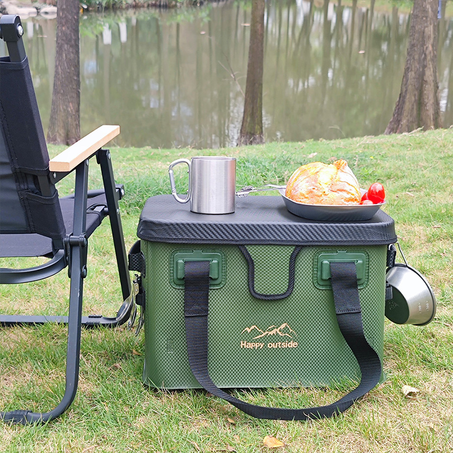 Versatile 28L Camp Organizer Bag - Foldable Hardtop Table & Waterproof Storage Bin for Family Picnics/Hiking Gear, Heavy Duty Eco EVA (Forest Green)