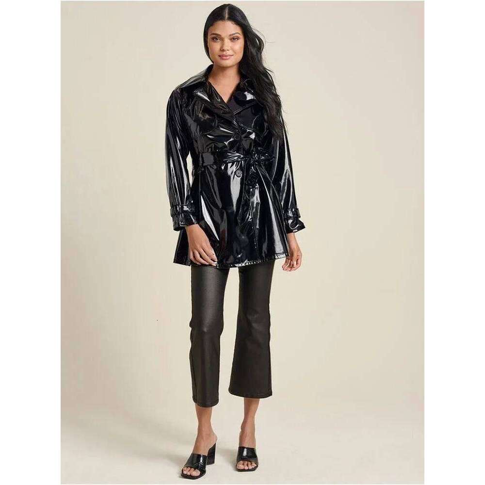 Women Shiny Faux Leather Jacket Overcoat Ladies Solid Color Glossy PU Waterproof Trench Coat With Belt Sexy Gothic Casual Custom