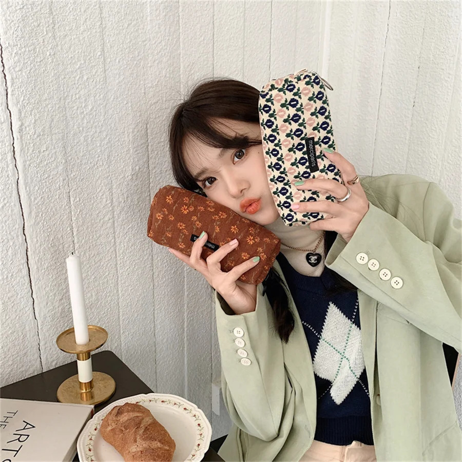 Cute Floral Corduroy Pencil Case Small Cosmetic Lipstick Travel Portable Storage Bag Stationery Pen Makeup Handbag Organizer 250614