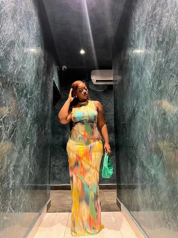Weird Puss Colorful Print Dress Women Summer Trend Sleeveless Patchwork Skinny Elastic Bodycon Birthday Party Clubwear Vestidos 250616