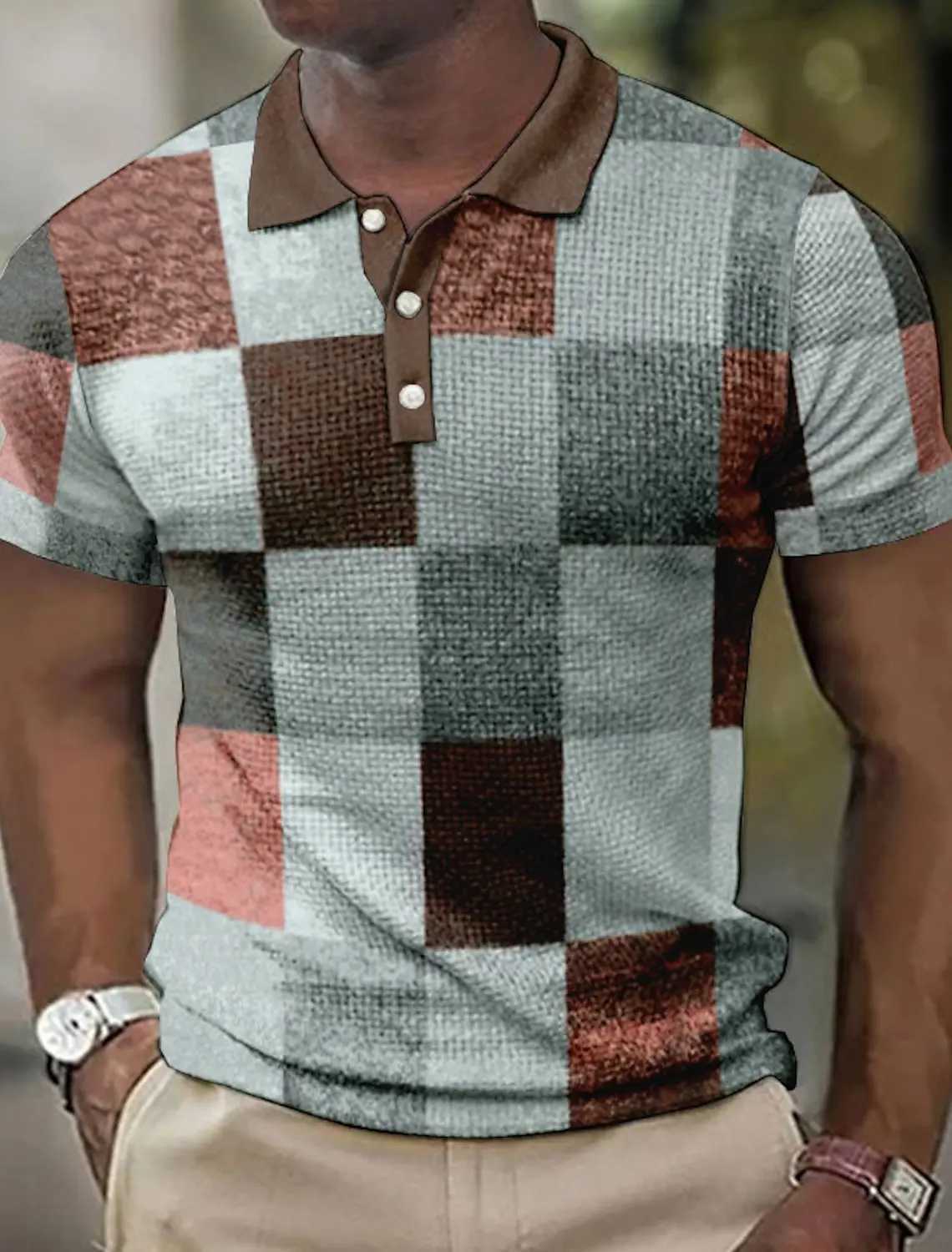 Mens Polo shirt lapel Polo button shirt color block plaid 3D pattern printed cuff outdoor street short-sleeved printed clothingXJ250617