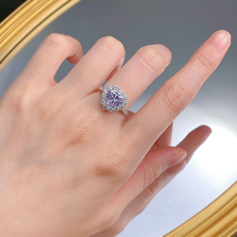 Choucong Wedding Rings Luxury Jewelry Soild 100% 925 Sterling Silver Heart Shape Lavender Purple Amethyst Lab Moissanite Diamond Party Women Bride Rin