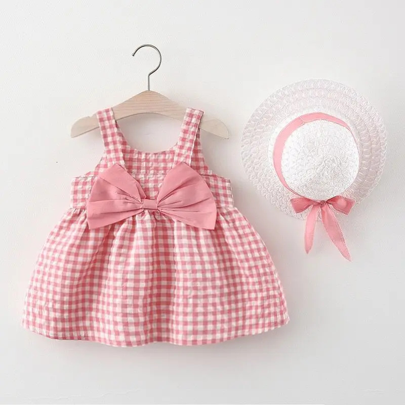 2Pcs/Set Baby Girl Plaid Sweet Bow Summer Birthday Party Dress Toddler Kids Outfits 0 To 3 Years Children Clothes Suit Hat 250617