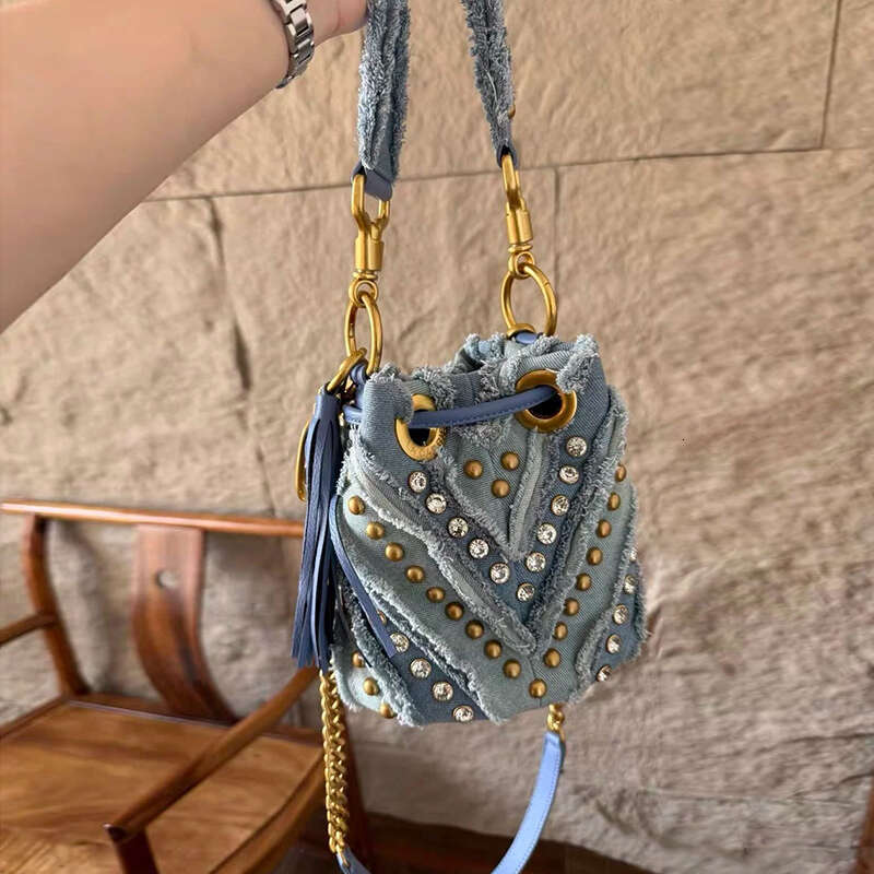 Niche Design Rivet Quilted Denim Drawstring Single Shoulder Bucket New Trendy Women s Bag