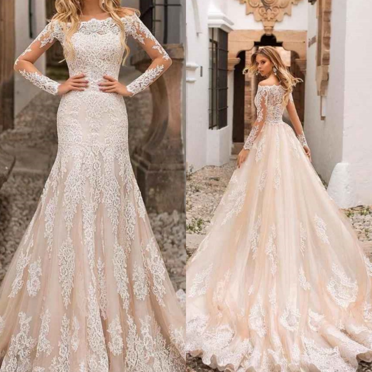 Elegant Mermaid Wedding Dress Off Shoulder Appliques Lace Bride Gowns Long Sleeve Floor Length Bridal Dresses Customized