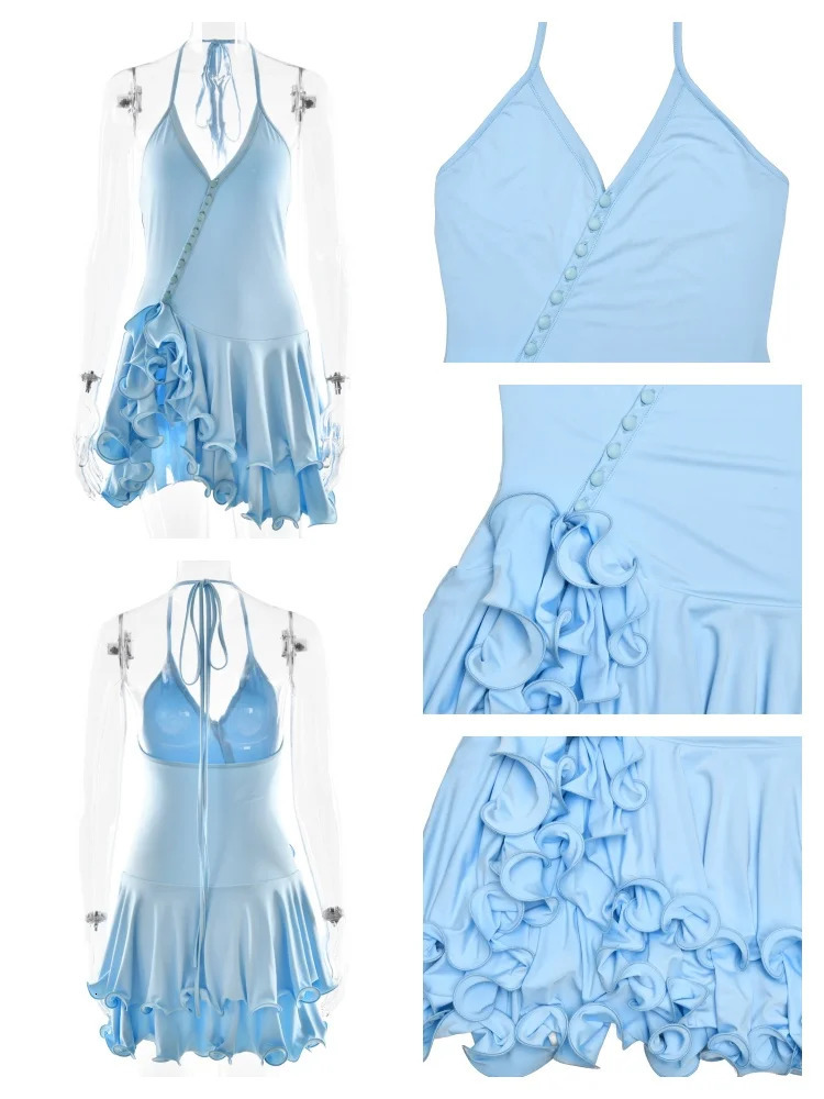Sibybo Ruffles Hem Sleeveless Mini Dress Women V-Neck Backless Irregular Single-breasted A-Line Bodycon Dress Streetwear Outfits 250614