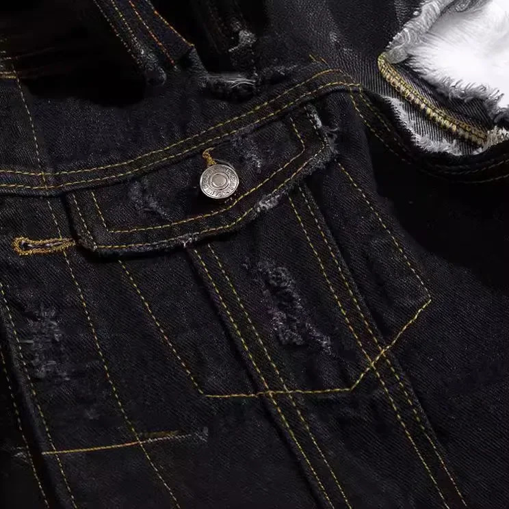 Mens Black Denim Vest Youth Lapel Ripped Casual Vest 250614