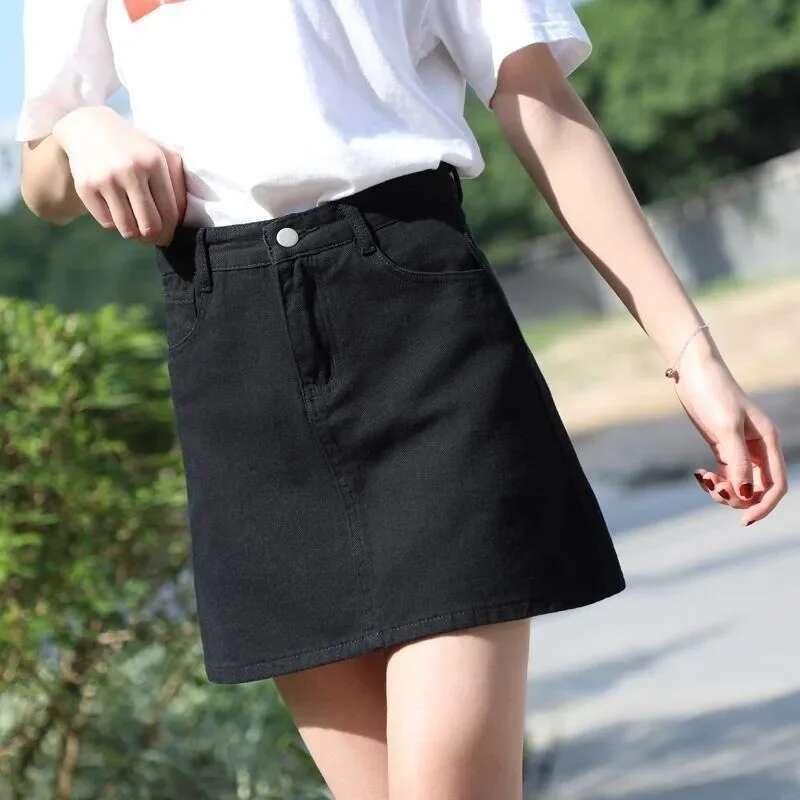 Short Black Woman Denim Skirt Mini Midi with Pocket Jeans Skirts for Women Zipper High Waist Chic and Elegant Clothing Sales V