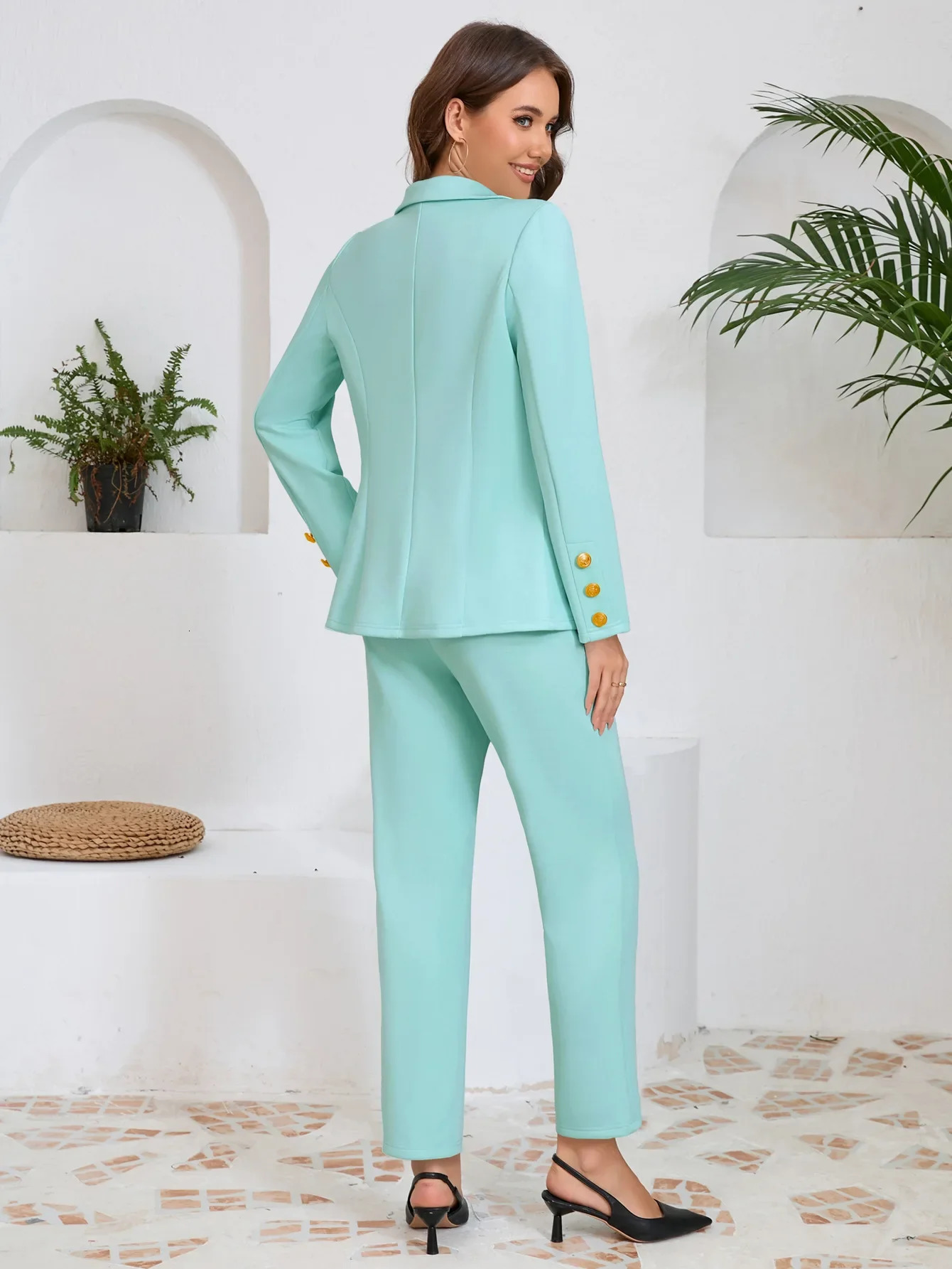 Womens Two-piece Suit Solid Color Double-breasted Small Suit Jacket Straight Trousers Suit Pant Suits Office Wear Women 250616