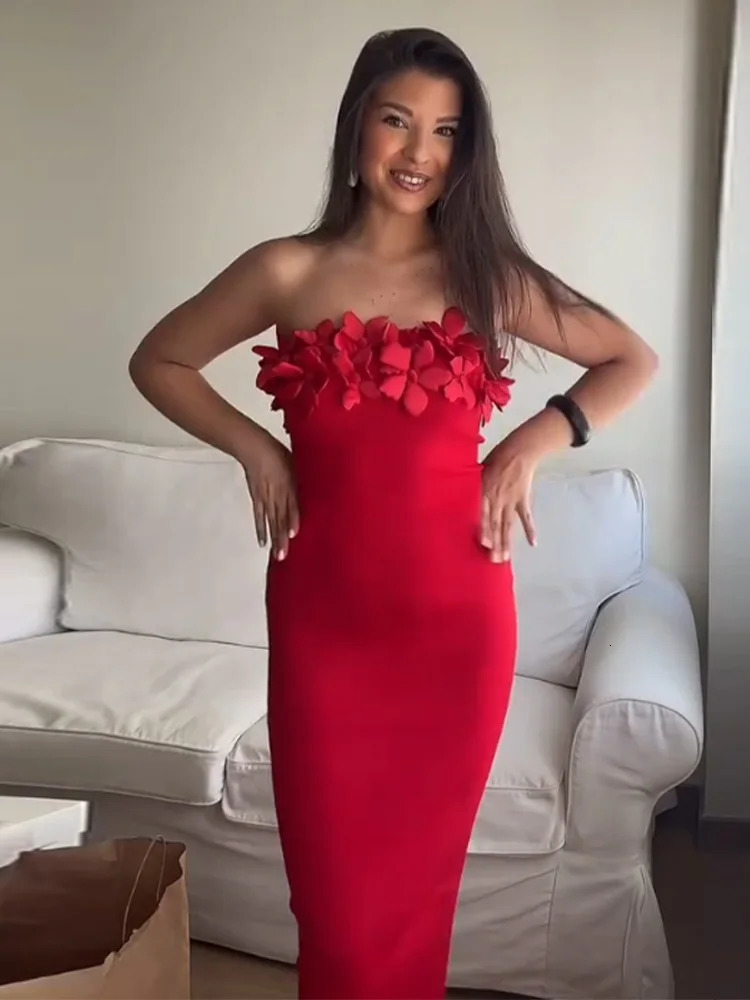 Strapless 3D Flower Women Dress Off Shoulder Sexy Backless Slim Fit Satin Solid Color Gown Robes Elegant Wrap Hip Long Dresses 250612