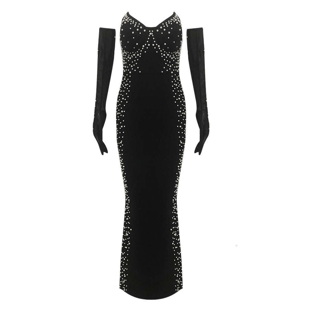 Winter New Fashion Sexy Pearl Decorated Socialite Style Strapless Bandage Long Dress