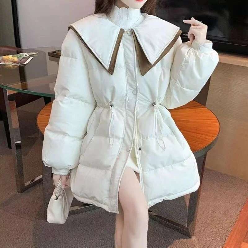Slim Fit Zip-up Coats for Women Navy Collar Parkas Woman Korean Style Clothing Discount Outdoor Clothes Lined Modern Hot Jackets