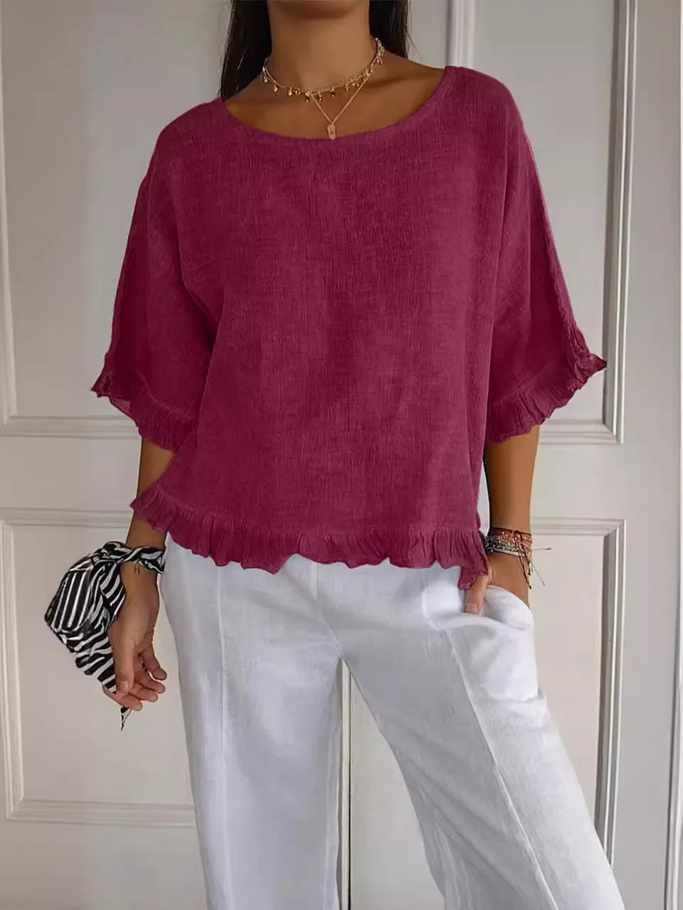 Cotton Blouse Shirts Summer O-Neck Short Sleeve Loose Casual Linen Blouse Tops Summer Cothes For Women Streetwear Blusa 250614