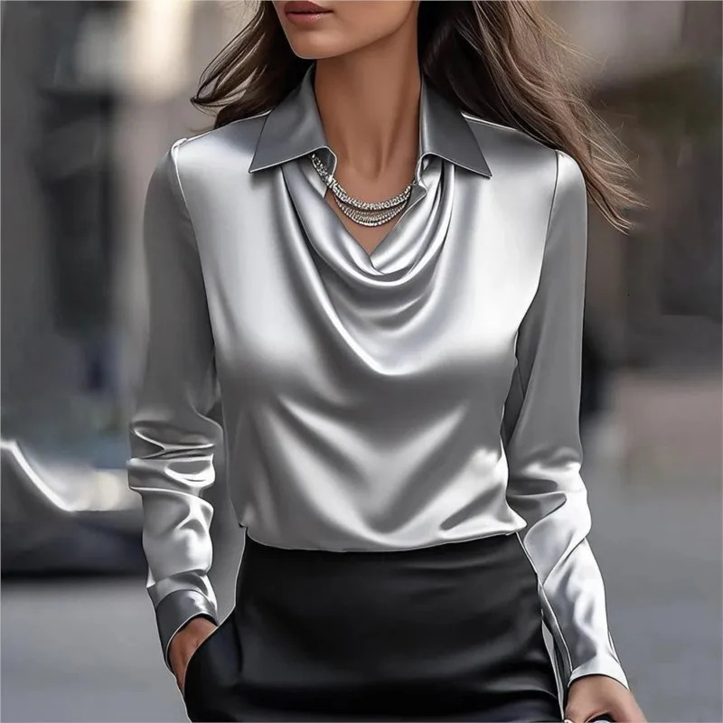 2025 Satin Women Shirt Vintage Long Sleeve Blouse Silk Elegant Womens Tops Commuting White Shirt Autumn Female Clothing 250614
