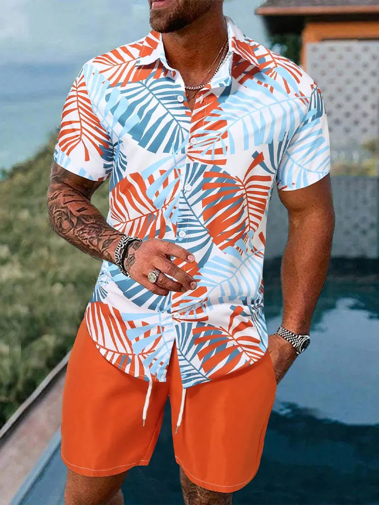 Palm Leaf Print Mens Casual Shirt Hawaiian Mens Beach Shorts Summer Everyday Short-sleeved Shirt And Sports Shorts Set 250616