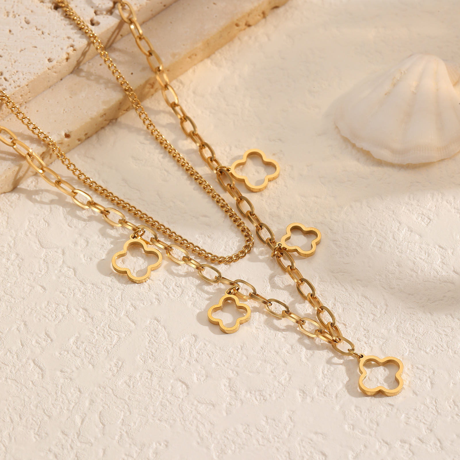Women's Double Layer Hollow High-end Fashion Jewelry Collarbone Chain Stainless Steel Necklace