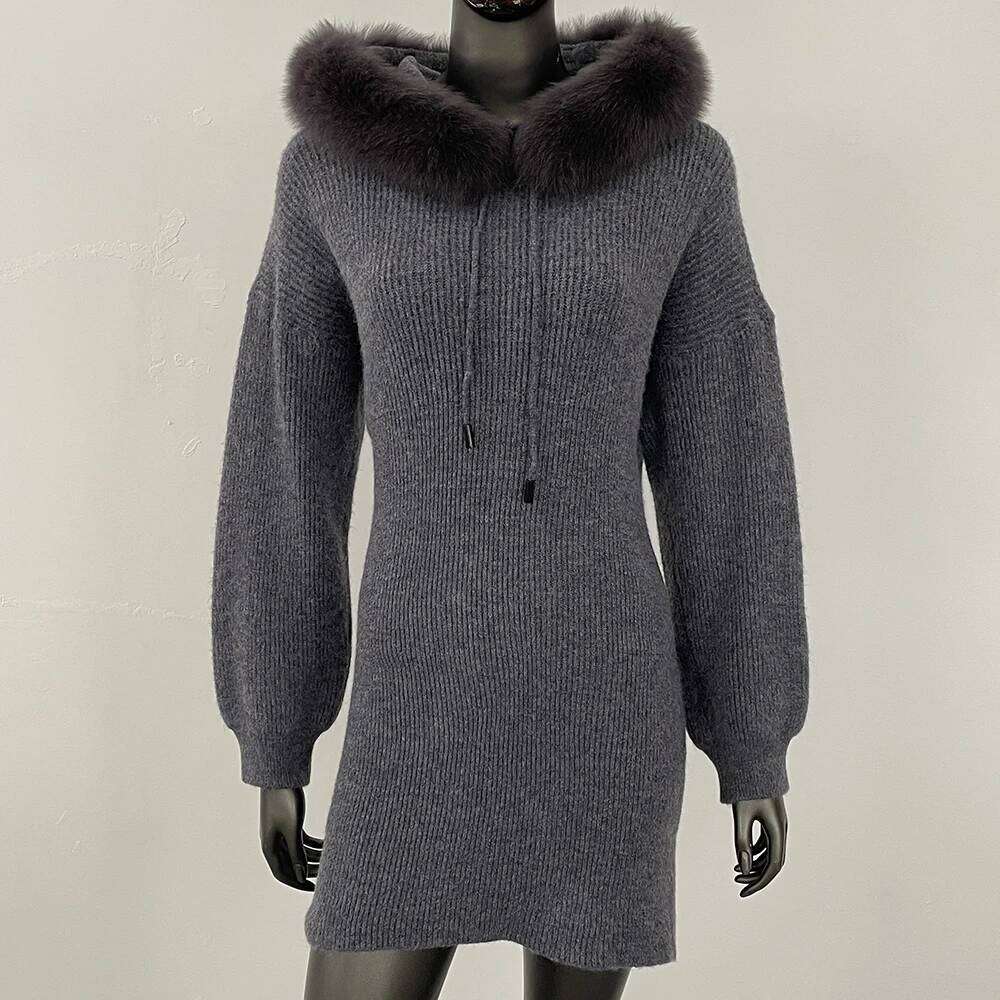 OFTBUY Long Hooded Slim Cardigan Women 2025 New Real Fox Fur Pullover Female Solid Warm Sweater Spring Autumn Knitted Skirt Lady